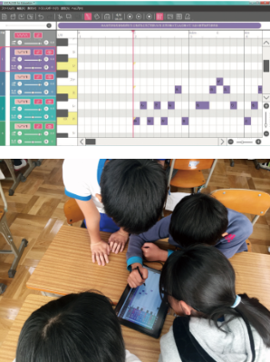 ボーカロイド教育版を囲む小学生